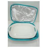 Corning ware French White Stoneware Pan with plastic lid & Insulated Carrying Case