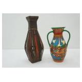 Mexican Folk Art Talavera Style Pottery Vase & Wooden Wicker Vase