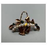 Vintage 14Kt Gold Brooch with Pearls and Aquamarine Rhinestones 7.7g