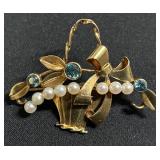 Vintage 14Kt Gold Brooch with Pearls and Aquamarine Rhinestones 7.7g