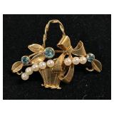 Vintage 14Kt Gold Brooch with Pearls and Aquamarine Rhinestones 7.7g