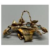Vintage 14Kt Gold Brooch with Pearls and Aquamarine Rhinestones 7.7g