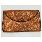 Vintage Art Deco Era Handcrafted Leather Clutch with Floral Embossing & Silver Plated Cabochon