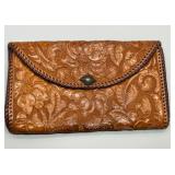 Vintage Art Deco Era Handcrafted Leather Clutch with Floral Embossing & Silver Plated Cabochon