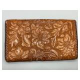 Vintage Art Deco Era Handcrafted Leather Clutch with Floral Embossing & Silver Plated Cabochon
