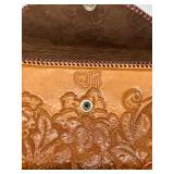 Vintage Art Deco Era Handcrafted Leather Clutch with Floral Embossing & Silver Plated Cabochon