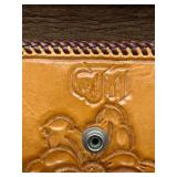 Vintage Art Deco Era Handcrafted Leather Clutch with Floral Embossing & Silver Plated Cabochon