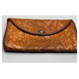 Vintage Art Deco Era Handcrafted Leather Clutch with Floral Embossing & Silver Plated Cabochon