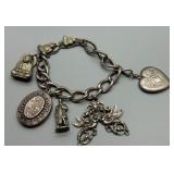 Vintage Italian Multi-Charms Mostly Sterling Silver Bracelet with Buddha Compass and Heart Locket
