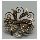 Vintage 10k Gold Scrolling Brooch with Seed Pearls - 1.6g