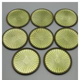 Set of 8 Vintage Green Enamel Coasters with Intricate Design
