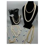 Set of 9 Elegant Faux Pearl Necklaces with Colored Accents