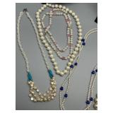 Set of 9 Elegant Faux Pearl Necklaces with Colored Accents