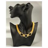 RARE 1980s Runway Elegant Gold-Tone Mesh Necklace with Black Enamel Accents by Ginnie Johanson