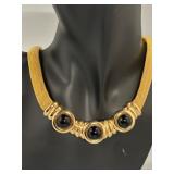 RARE 1980s Runway Elegant Gold-Tone Mesh Necklace with Black Enamel Accents by Ginnie Johanson