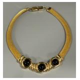 RARE 1980s Runway Elegant Gold-Tone Mesh Necklace with Black Enamel Accents by Ginnie Johanson