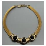 RARE 1980s Runway Elegant Gold-Tone Mesh Necklace with Black Enamel Accents by Ginnie Johanson