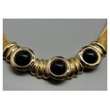 RARE 1980s Runway Elegant Gold-Tone Mesh Necklace with Black Enamel Accents by Ginnie Johanson