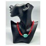 925 Silver Red Coral Necklace with Turquoise Pendant