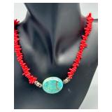 925 Silver Red Coral Necklace with Turquoise Pendant
