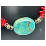 925 Silver Red Coral Necklace with Turquoise Pendant