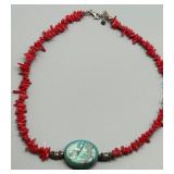 925 Silver Red Coral Necklace with Turquoise Pendant