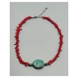 925 Silver Red Coral Necklace with Turquoise Pendant