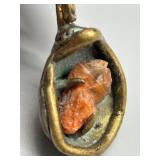 Vintage 70s Artisan Created BRUTALIST Bronze and Agate Pendant with Abstract Design