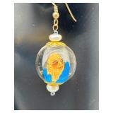 Handcrafted Reverse Painted Inside Ball Chinese Wisemen Earrings with Biwa Pearls