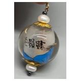 Handcrafted Reverse Painted Inside Ball Chinese Wisemen Earrings with Biwa Pearls