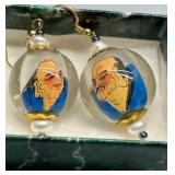 Handcrafted Reverse Painted Inside Ball Chinese Wisemen Earrings with Biwa Pearls