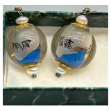 Handcrafted Reverse Painted Inside Ball Chinese Wisemen Earrings with Biwa Pearls