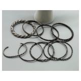 Vintage & Antique Set of 15 Sterling Silver Bangle Bracelets - Various Designs