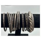 Vintage & Antique Set of 15 Sterling Silver Bangle Bracelets - Various Designs