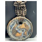 Artisan Ceramic Necklace with Fish Pendant and Braided Cord Signed Caffrey by Artist