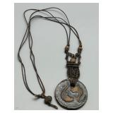 Artisan Ceramic Necklace with Fish Pendant and Braided Cord Signed Caffrey by Artist