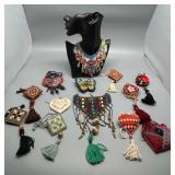 Collection of Artisan Skilled Needlecraft, Beaded and Embroidered Jewelry Necklaces