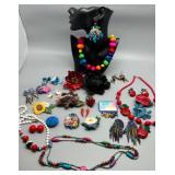 Vibrant Collection of Handmade Wood Beaded Jewelry and Fabric Brooches