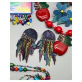 Vibrant Collection of Handmade Wood Beaded Jewelry and Fabric Brooches