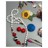 Vibrant Collection of Handmade Wood Beaded Jewelry and Fabric Brooches