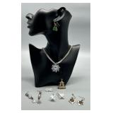 Festive Set of Snowflake and Christmas Tree Jewelry Including Rhinestone Brooch