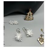 Festive Set of Snowflake and Christmas Tree Jewelry Including Rhinestone Brooch