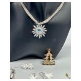 Festive Set of Snowflake and Christmas Tree Jewelry Including Rhinestone Brooch