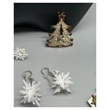 Festive Set of Snowflake and Christmas Tree Jewelry Including Rhinestone Brooch