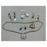 Festive Set of Snowflake and Christmas Tree Jewelry Including Rhinestone Brooch