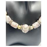 Vintage Custard Glass Lampwork Artisan Beaded Necklace with Rhinestone Accents Gold Filled Clasp