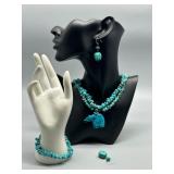 Vintage Authentic Turquoise Nugget Necklace, Bracelet, and Earring Set with Bear Pendant