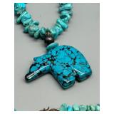 Vintage Authentic Turquoise Nugget Necklace, Bracelet, and Earring Set with Bear Pendant