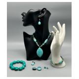 Turquoise Costume Jewelry Set: Necklace, Earrings, Bracelets, and Brooches