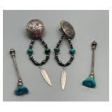 Vintage Sterling Silver and Turquoise Feather Earrings Set Including Liquid Silver Add on Dangle Pieces
